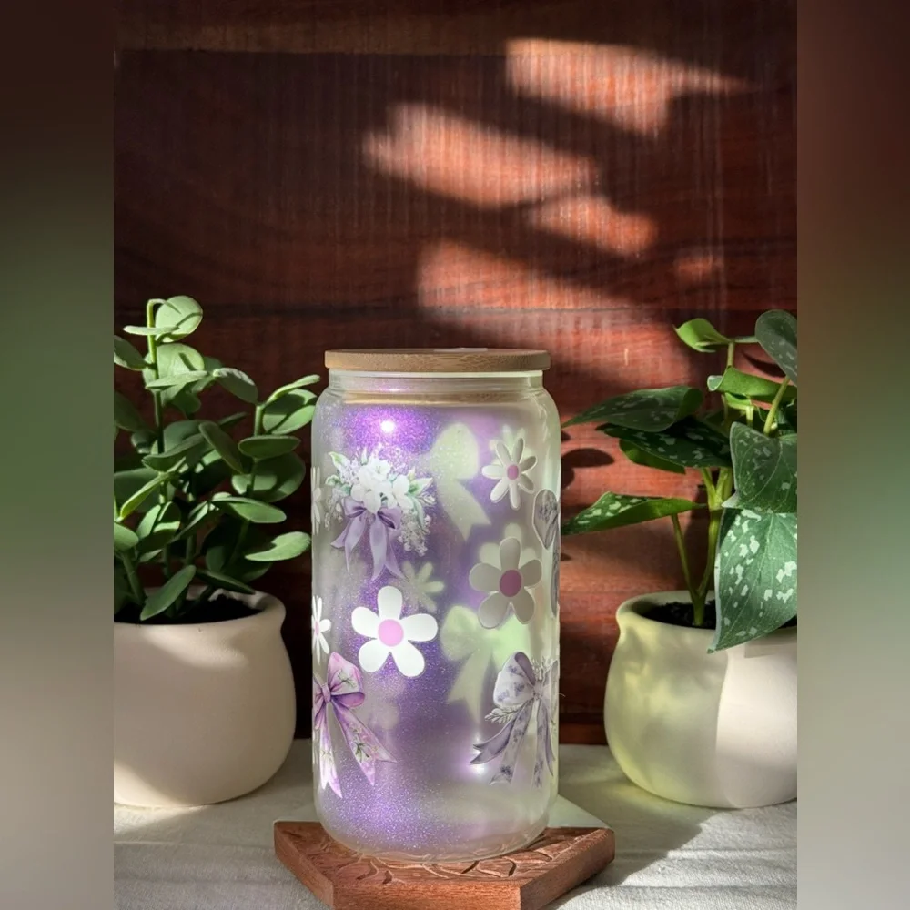 Purple Bows and Daisies Coquette Iridescent Glass Can with Pink Glass Cup - Picture 4 of 12